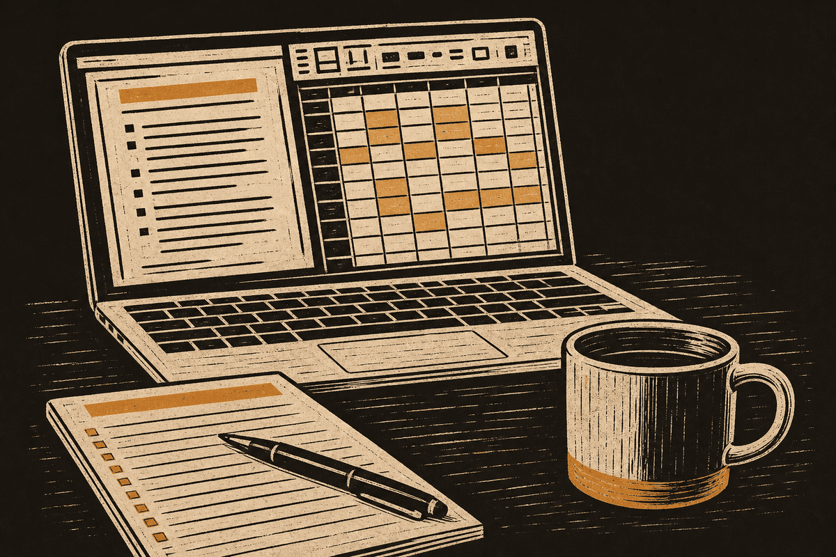 Linocut print of a screening grid and an interview agenda open side by side on a laptop