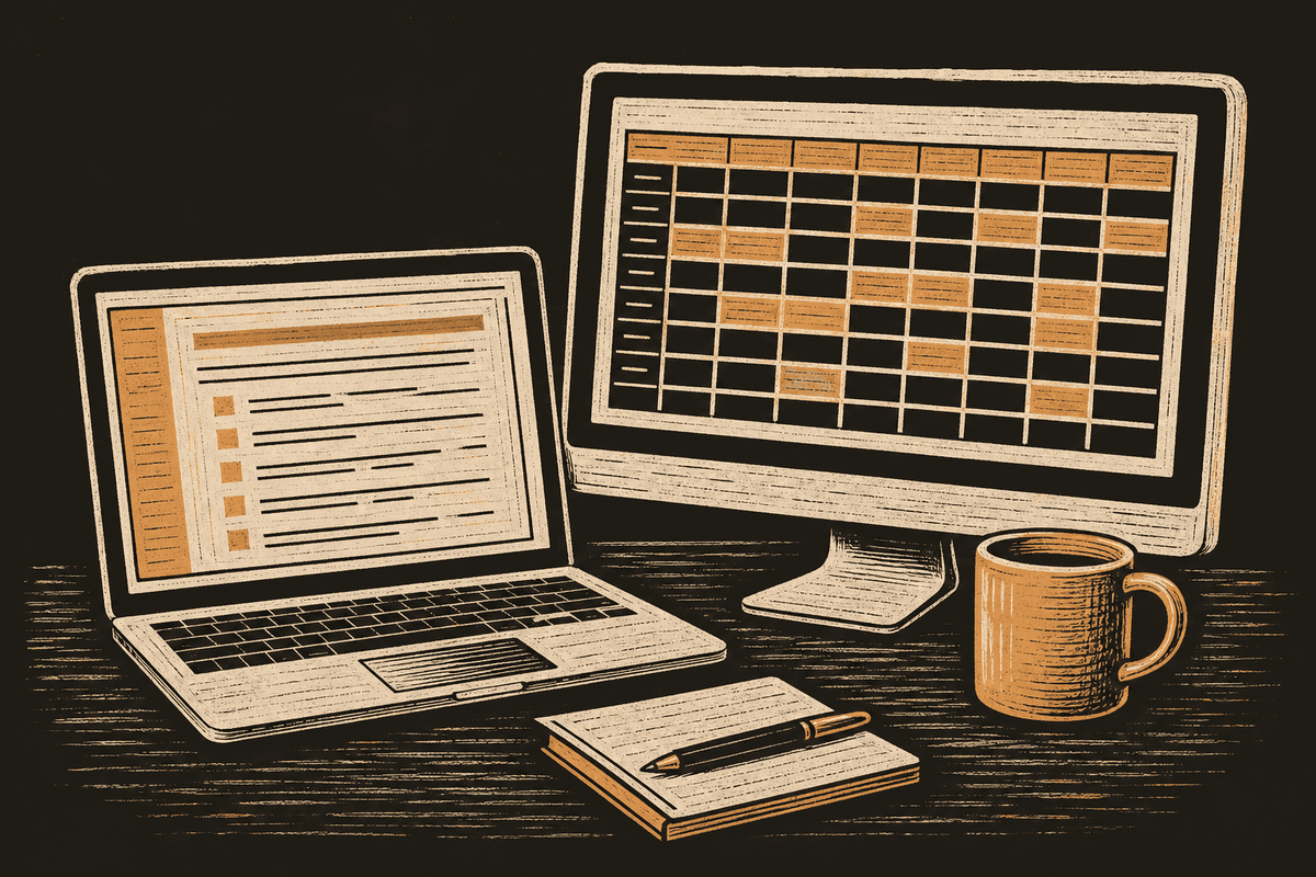 Linocut print of a dated onboarding checklist and a credentialing tracker on a desk