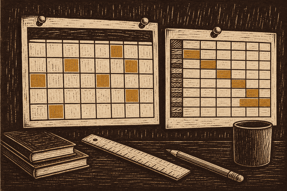Linocut print of an academic year calendar and a rotation block grid pinned above a desk